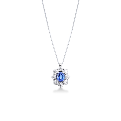 Necklace in white gold 18k with diamonds and blue sapphire