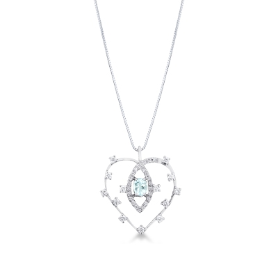 Necklace with heart diamonds pendant and aquamarine