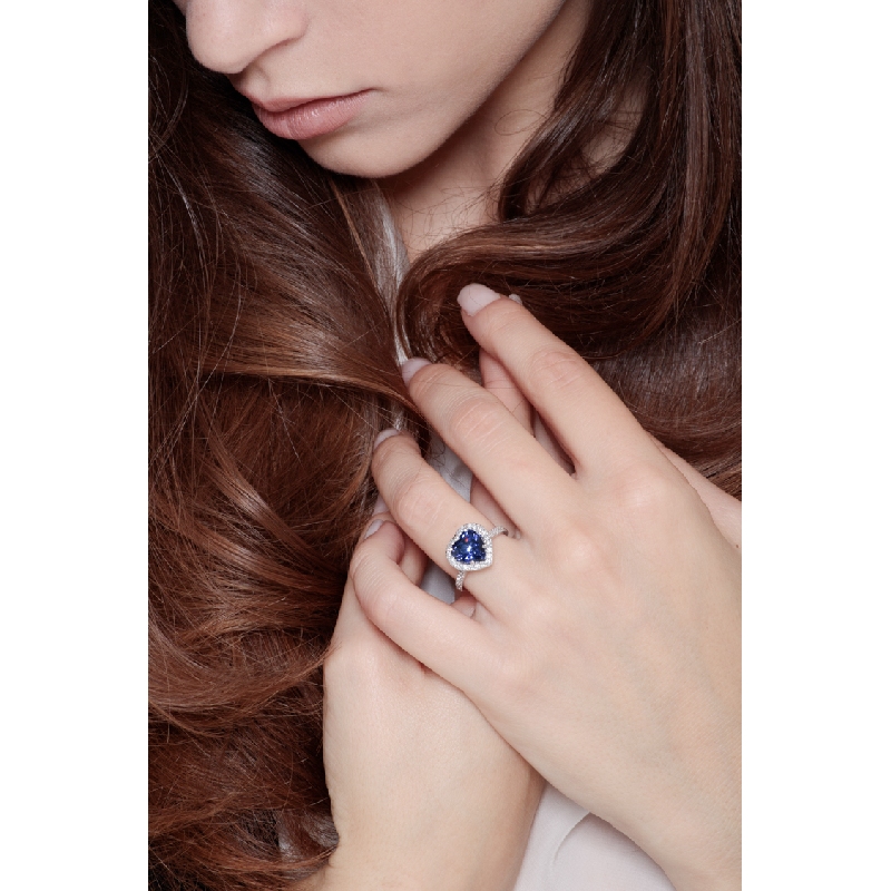 Halo ring white gold 18k with heart cut blue sapphire and diamonds  Halo ring white gold 18k with heart cut blue sapphire and diamonds