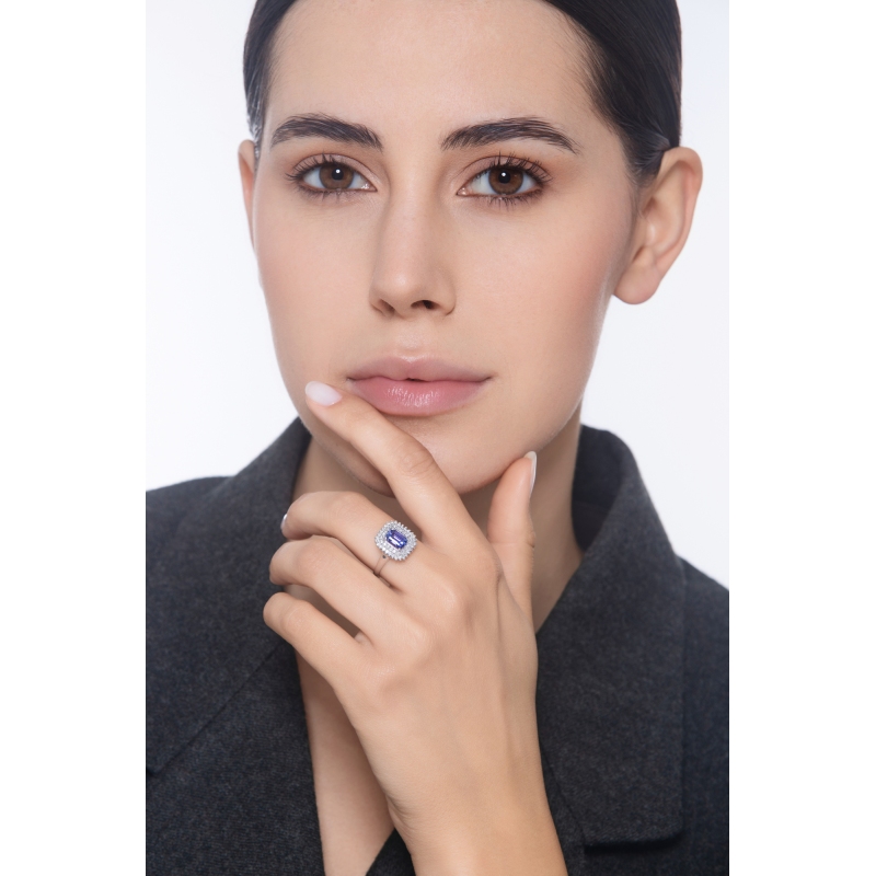 18k white gold double halo diamond and tanzanite ring