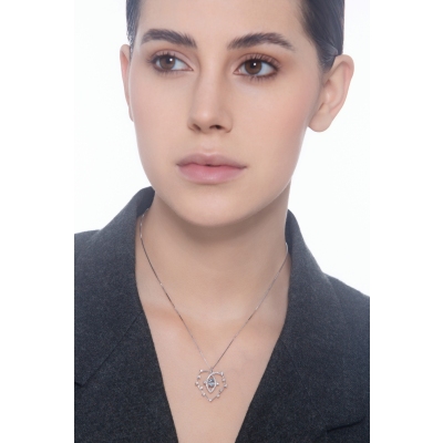 Necklace with heart diamonds pendant and aquamarine