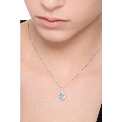 Necklace with pendant, pear cut aquamarine and diamonds