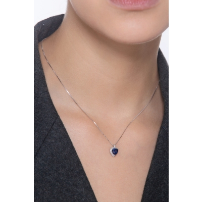 18k white gold necklace with blue sapphire heart pendant and diamonds