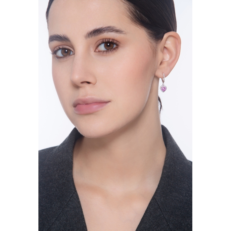 750 white gold earrings with heart pink sapphire and diamonds