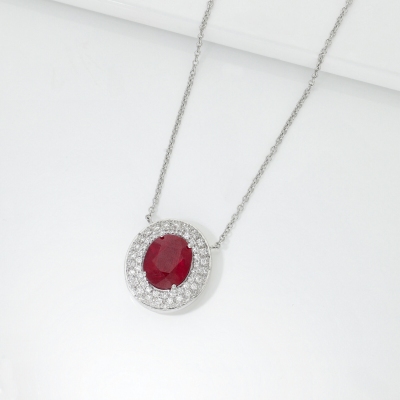 18k white gold necklace with oval ruby and diamonds