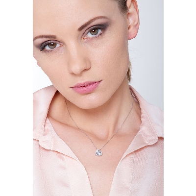 Necklace with inclined pendant, heart cut aquamarine and diamonds