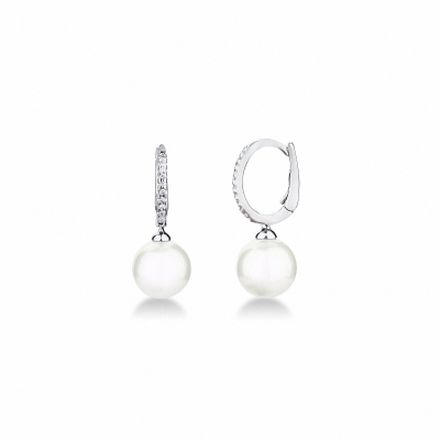 Drop earrings with 9mm pearls and diamonds in white gold 18k