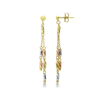 Two strand drop earrings in 18k white, yellow, and rose gold