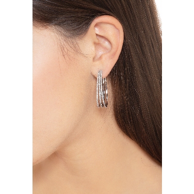 White gold 18k oval earrings with three diamonds rows 