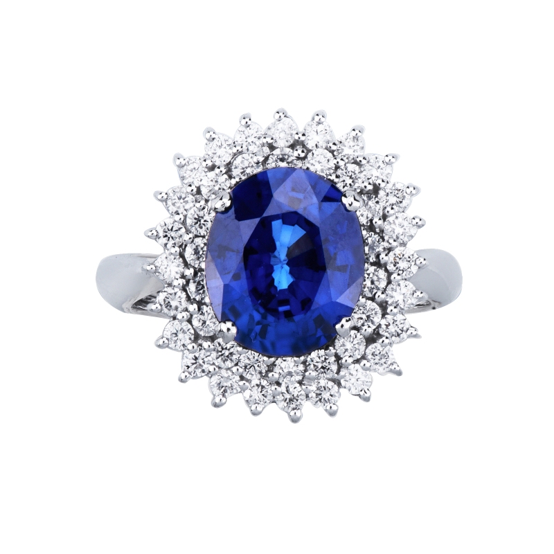 Lady D Ring with double diamond halo and blue sapphire Lady D Ring with double diamond halo and blue sapphire