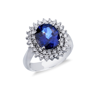 Lady D Ring with double diamond halo and blue sapphire