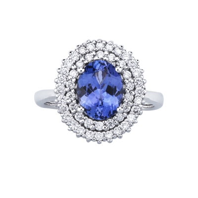 Tanzanite diamond double halo cocktail ring in 18kt white gold