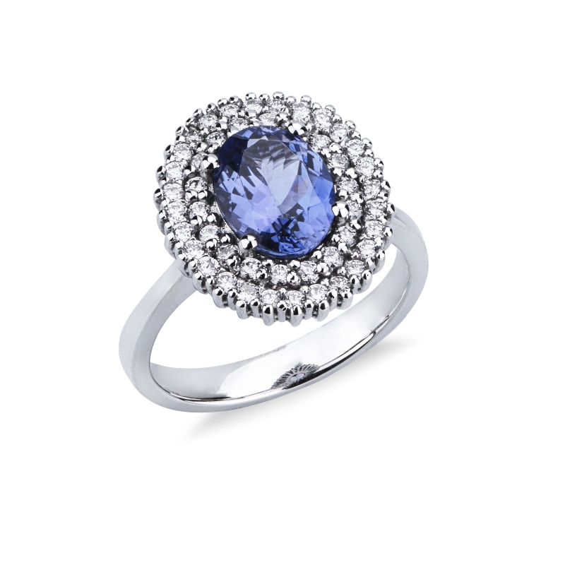 Tanzanite diamond double halo cocktail ring in 18kt white gold Tanzanite diamond double halo cocktail ring in 18kt white gold