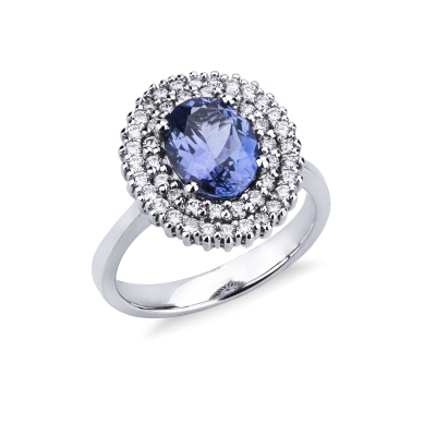 Tanzanite diamond double halo cocktail ring in 18kt white gold
