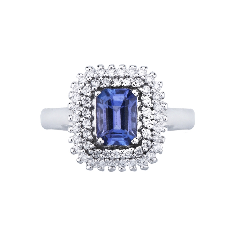 18k white gold double halo diamond and tanzanite ring