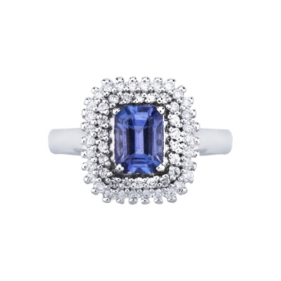 18k white gold double halo diamond and tanzanite ring