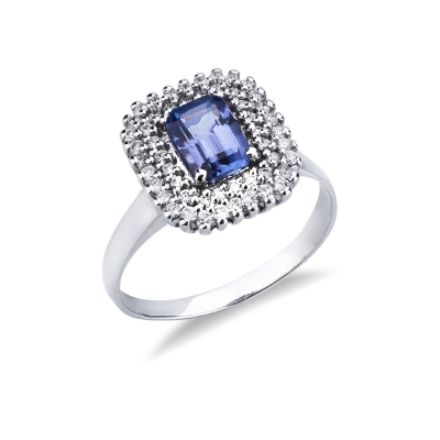 18k white gold double halo diamond and tanzanite ring