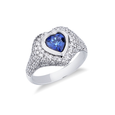 18k white gold blue heart sapphire and diamonds signet ring