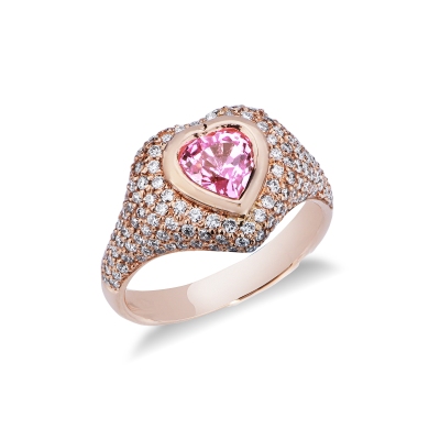 750 rose gold signet ring with pink heart sapphire and diamonds