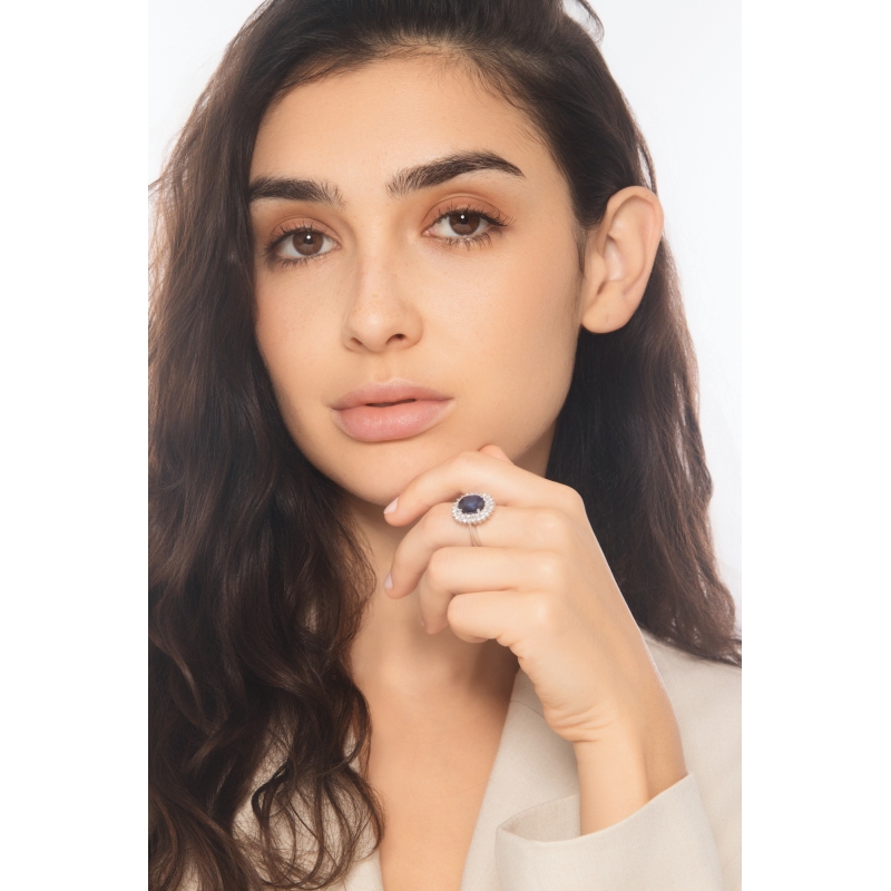 Lady D Ring with double diamond halo and blue sapphire Lady D Ring with double diamond halo and blue sapphire