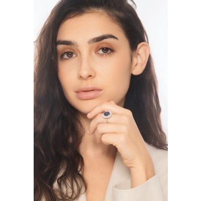 Lady D Ring with double diamond halo and blue sapphire