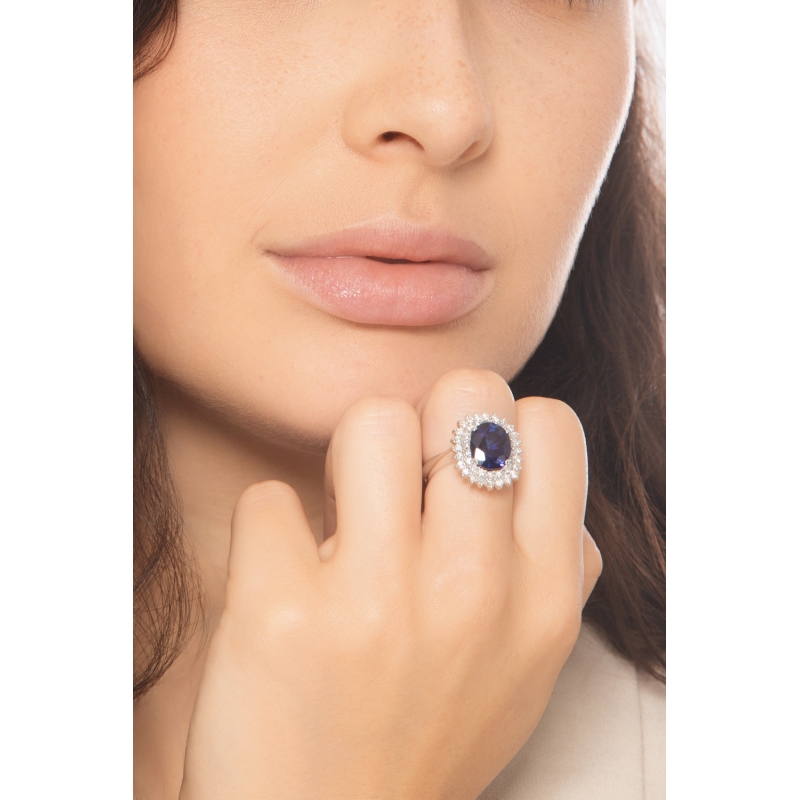 Lady D Ring with double diamond halo and blue sapphire Lady D Ring with double diamond halo and blue sapphire