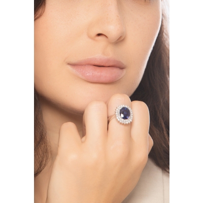 Lady D Ring with double diamond halo and blue sapphire