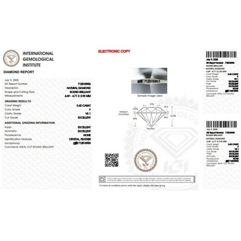 IGI Certified Diamond   CT 0,40   F   VS 1