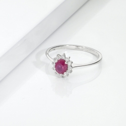 Ruby diamond halo ring in 18kt white gold