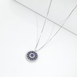 Round pendant necklace with diamonds and sapphires in 18kt white gold