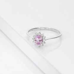 Pink sapphire diamond halo ring in18kt white gold