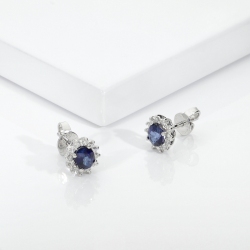 Blue sapphire diamond halo earrings in 18kt white gold