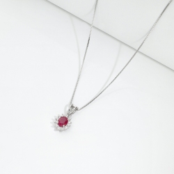 Ruby diamond halo necklace in 18kt white gold