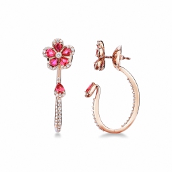 Design flower ruby and diamonds earrings in rose gold 18k