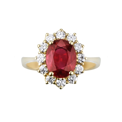 Ruby and diamond halo ring in 18kt yellow gold