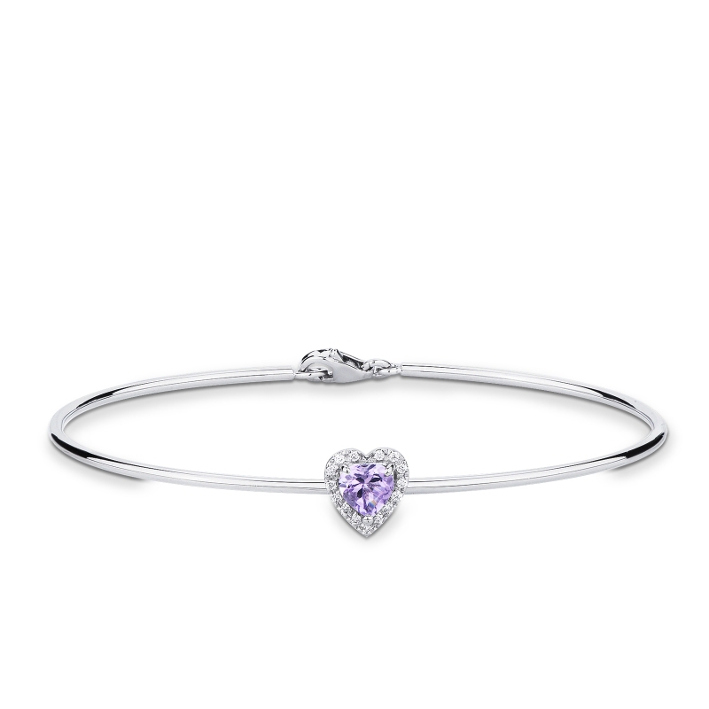 Thin bangle bracelet with diamonds and heart-shaped amethyst in 18kt white gold Thin bangle bracelet with diamonds and heart-shaped amethyst in 18kt white gold