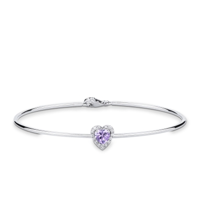 Thin bangle bracelet with diamonds and heart-shaped amethyst in 18kt white gold