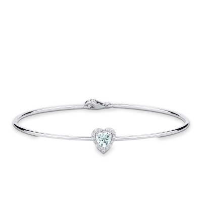 Thin bangle bracelet with diamonds and heart-shaped aquamarine in 18kt white gold