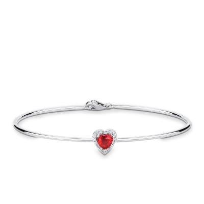 Thin bangle bracelet with diamonds and heart-shaped ruby in 18kt white gold