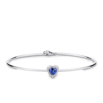 Thin bangle bracelet with diamonds and heart-shaped blue sapphire in 18kt white gold