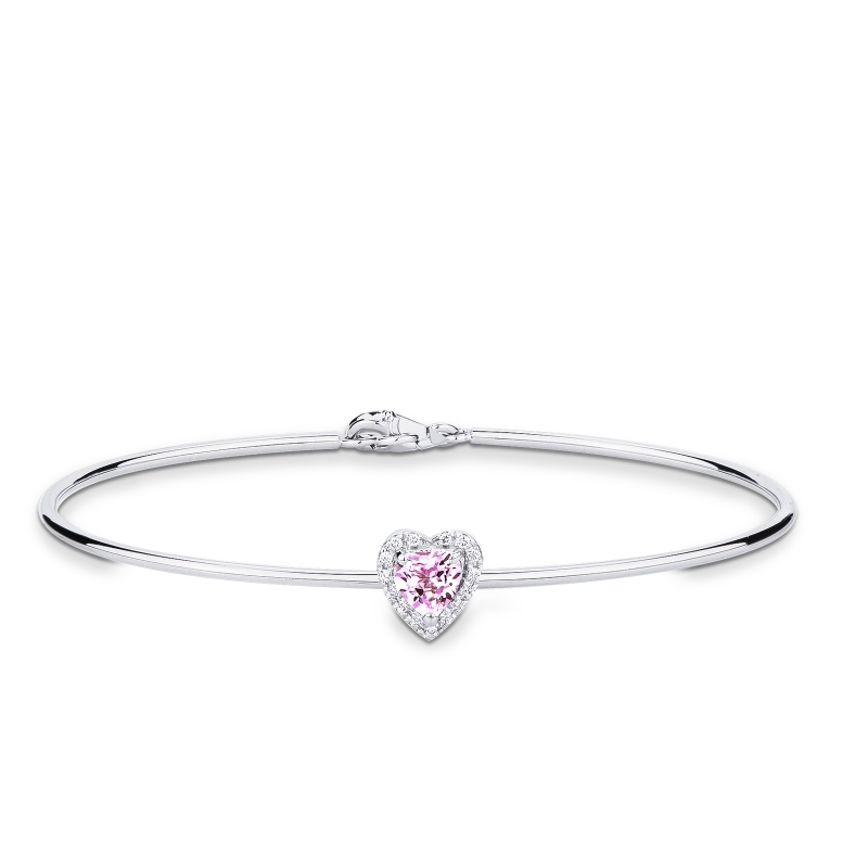 Thin bangle bracelet with diamonds and heart-shaped pink sapphire in 18kt white gold Thin bangle bracelet with diamonds and heart-shaped pink sapphire in 18kt white gold