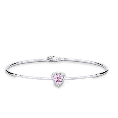 Thin bangle bracelet with diamonds and heart-shaped pink sapphire in 18kt white gold