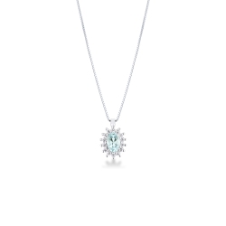 Diamond halo pendant necklace with aquamarine in 18kt white gold
