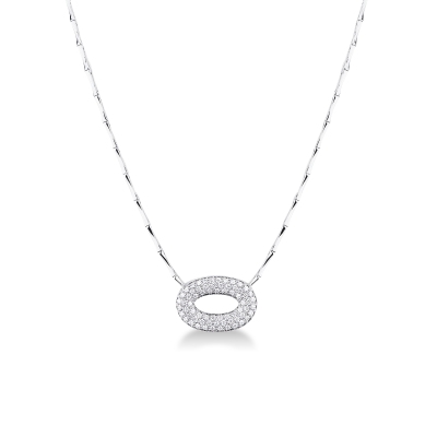 Oval pavè pendant semi-rigid necklace in 18kt white gold