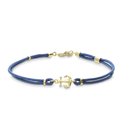 Anchor charm blue rope bracelet in 18kt yellow gold