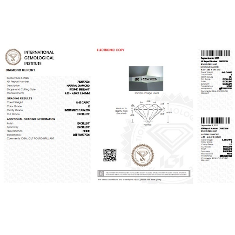IGI Certified Diamond   CT 0,42   E  I.F. IGI Certified Diamond   CT 0,42   E  I.F.