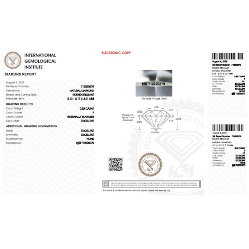 IGI Certified Diamond   CT 0,52   F   I.F. IGI Certified Diamond   CT 0,52   F   I.F.