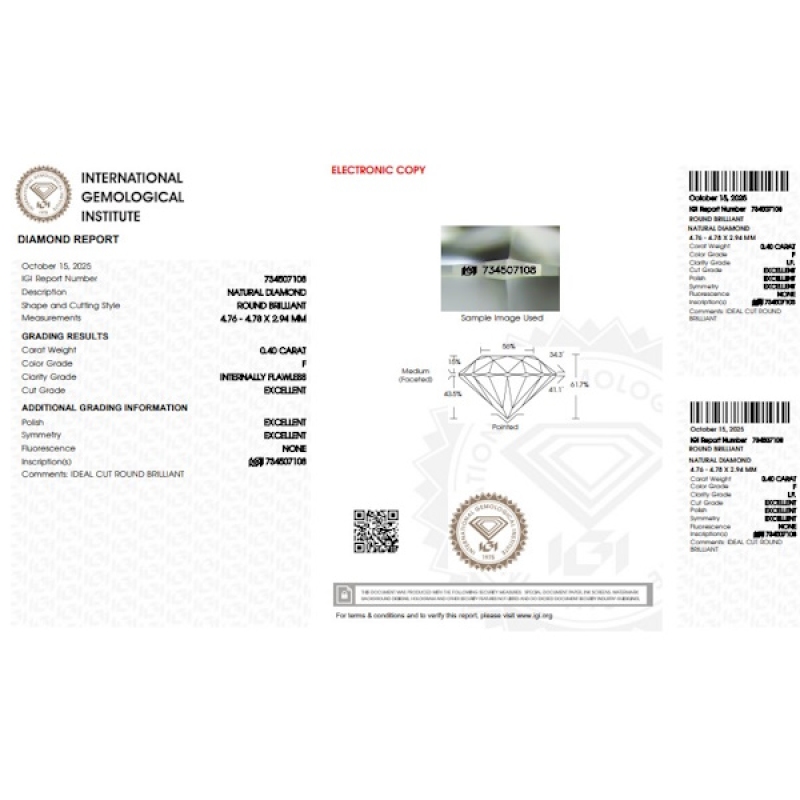 IGI Certified Diamond   CT 0,40   F   I.F. IGI Certified Diamond   CT 0,40   F   I.F.
