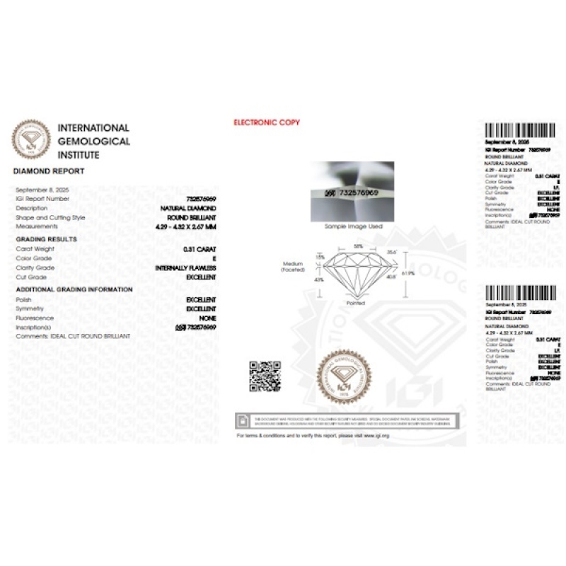 IGI Certified Diamond   CT 0,31   E   I.F. IGI Certified Diamond   CT 0,31   E   I.F.