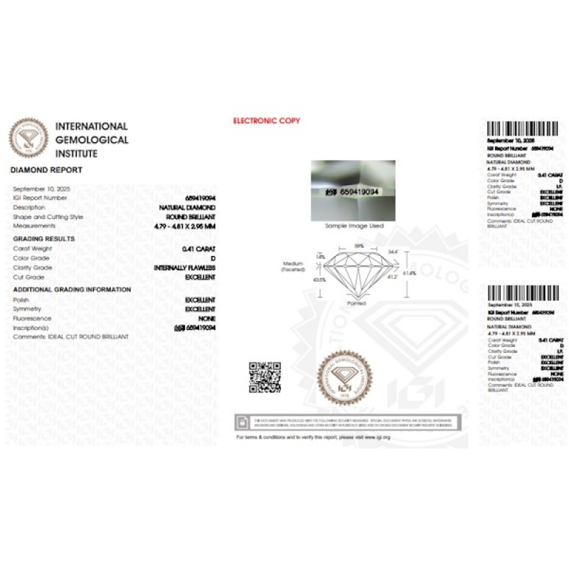 IGI Certified Diamond   CT 0,41   D   I.F. IGI Certified Diamond   CT 0,41   D   I.F.